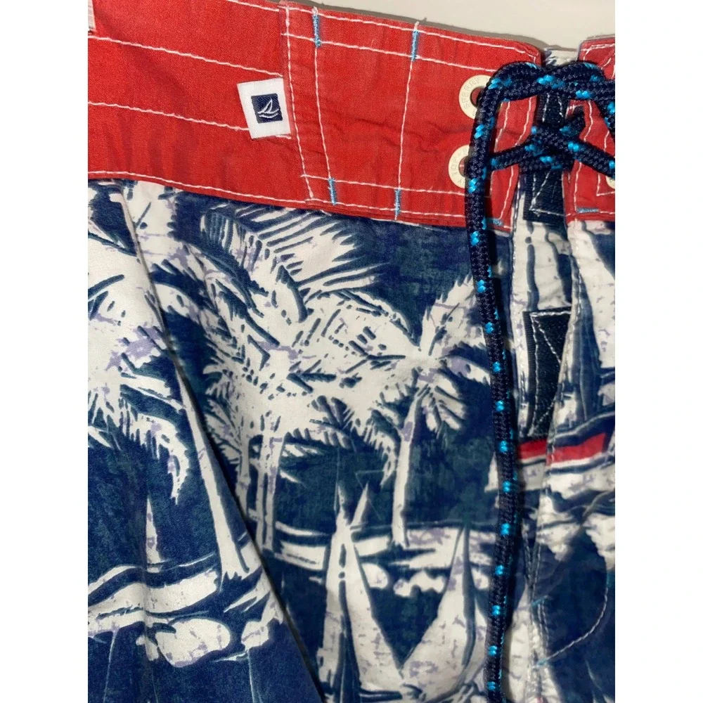 Sperry Board Shorts Mens 32 Blue Red Nautical Sailboat Palm Tree Swim Trunks